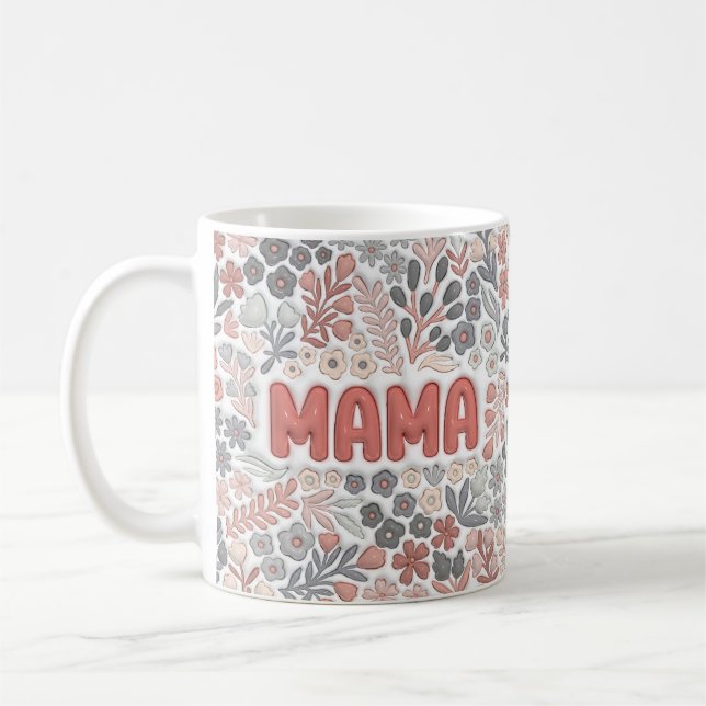 Caneca De Café Boho Mama Cinza Rosa Floral Efeito 3D (Esquerda)