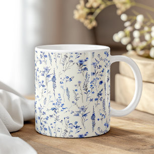 Caneca De Café Boho Marinho Blue Watercolor Flores