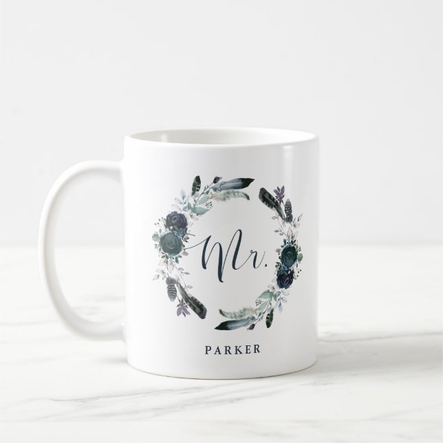Caneca De Café Boho Marinho Peony Floral Wreath | Sr. (Esquerda)