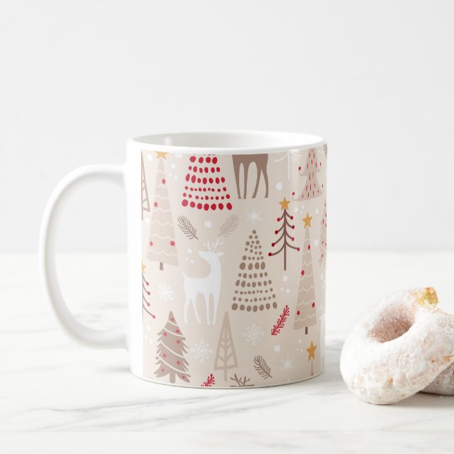 Caneca De Café Boho Neutral Árvores de Natal Planas Animais de Fl (Com Donut)