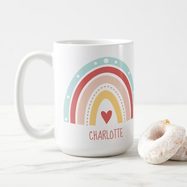 Caneca De Café Boho Rainbow Kids Name Watercolor (Com Donut)