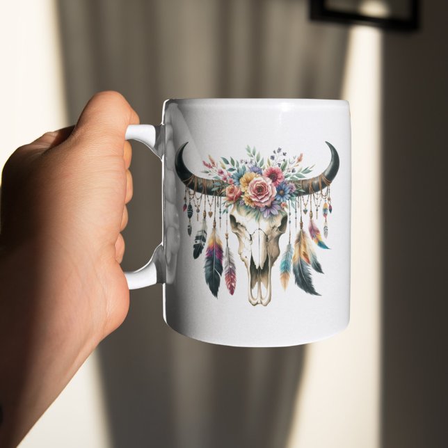 Caneca De Café Boho Skull Nativo Americano Colorida Feather (Criador carregado)