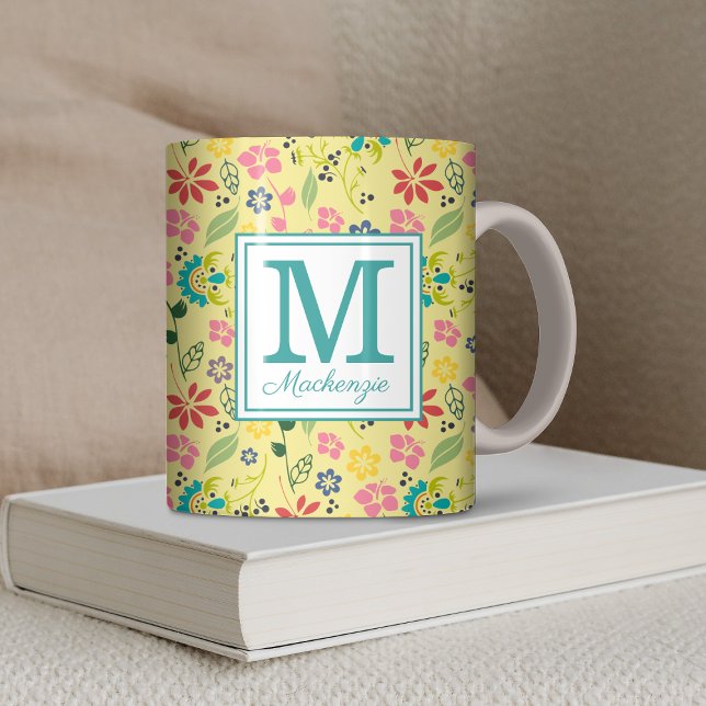 Caneca De Café Boho Spring Flowers Monograma Girly Colorful (Girly Colorful Boho Spring Flowers Monogram Coffee Mug)