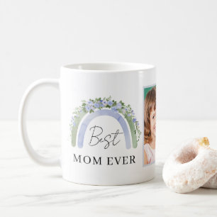 Caneca De Café Boho Verde Sage Flores Azuis Aquarela Arco-íris