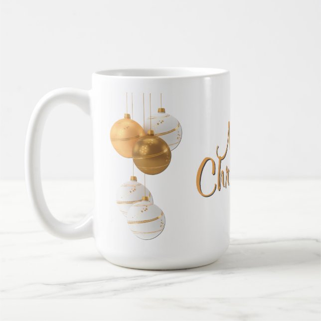 Caneca De Café Bolas de Natal Douradas e Brancas com Texto Person (Esquerda)