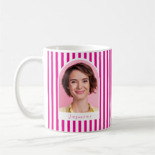 Caneca De Café Bold Rosa Branco Listras Foto Personalizada Nome C