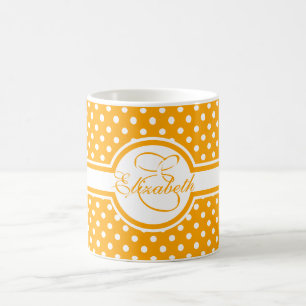 Caneca De Café Bolinhas brancas elegantes no monograma alaranjado