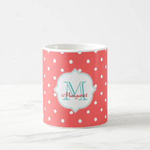 Caneca De Café Bolinhas de turquesa e de coral do monograma