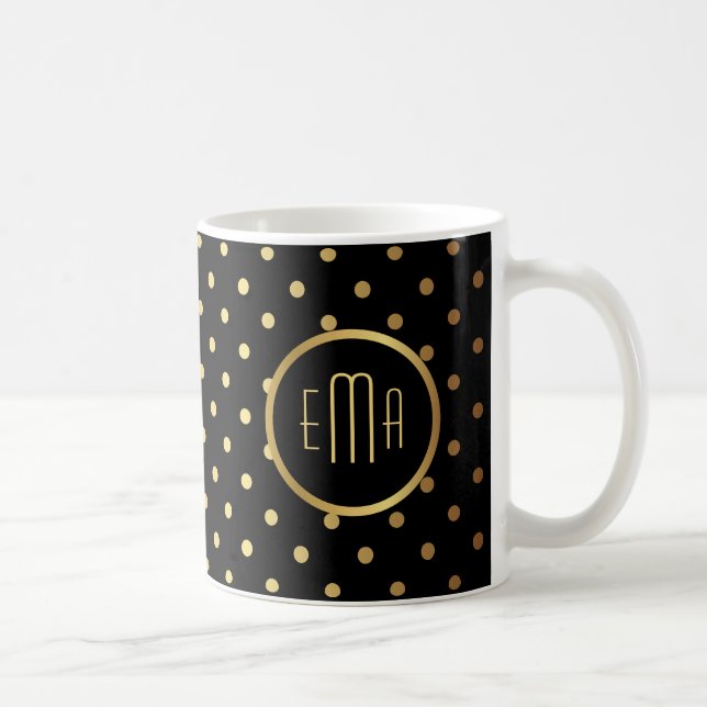 Caneca De Café Bolinhas Douradas em preto com seu monograma (Direita)