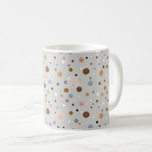 Caneca De Café Bolinhas multicoloridas em cinzas.
