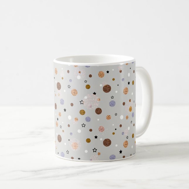 Caneca De Café Bolinhas multicoloridas em cinzas. (Frente Esquerda)