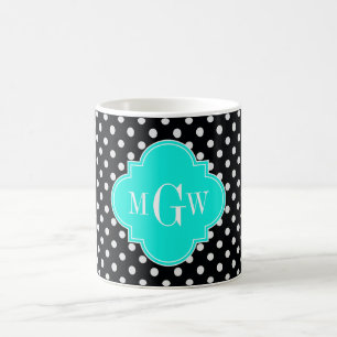 Caneca De Café Bolinhas Negra Brt Aqua Quatrefoil 3 Monograma