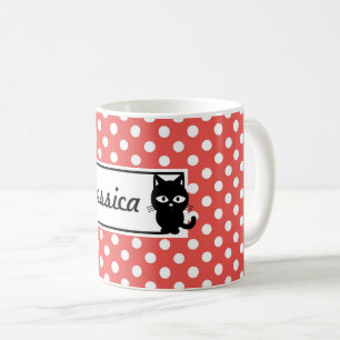 Caneca De Café Bolinhas Vermelha e Gato Negro Personalizados