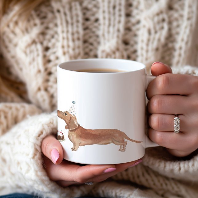 Caneca De Café Bolo de aniversário personalizado Dachshund (Criador carregado)