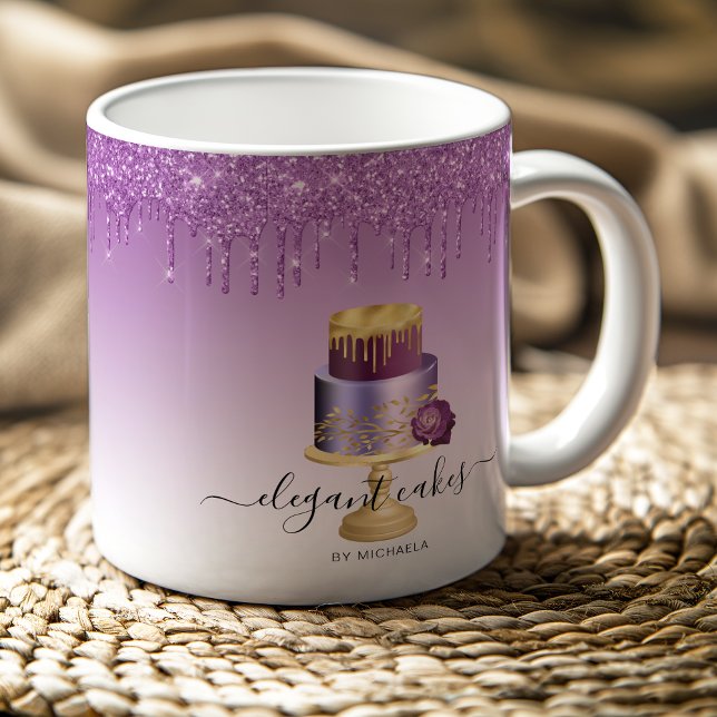 Caneca De Café Bolo de Casamento Brilho Gotejamento Roxo Dourado  (Criador carregado)