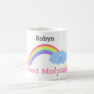 Caneca De Café Bom dia arco-íris, nuvem sorridente, seu nome