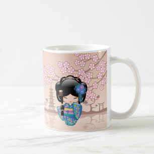 Caneca De Café Boneca Keiko Kokeshi - Rapariga Kimono Geisha Azul