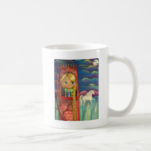 Caneca De Café Boneca Rapunzel em torre rosa com Unicórnio