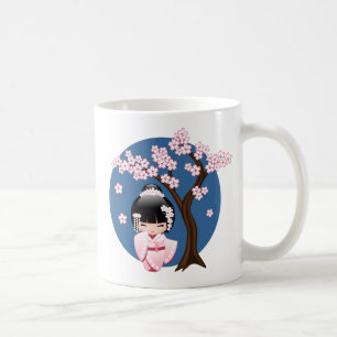 Caneca De Café Boneca White Kimono Kokeshi - Garota Gisha Bonita