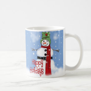 Caneca De Café Boneco de Neve Alegre com Chapéu e Cachecol Vermel