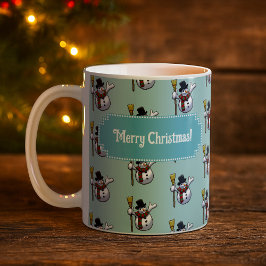 Caneca De Café Boneco de Neve Alegre Natal Feliz! Padrão de Arte 