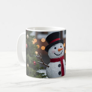 Caneca De Café Boneco de Neve Com Árvores de Natal No Inverno