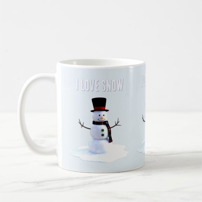 Caneca De Café Boneco de neve com chapéu e cachecol. Eu Amo Neve (Esquerda)