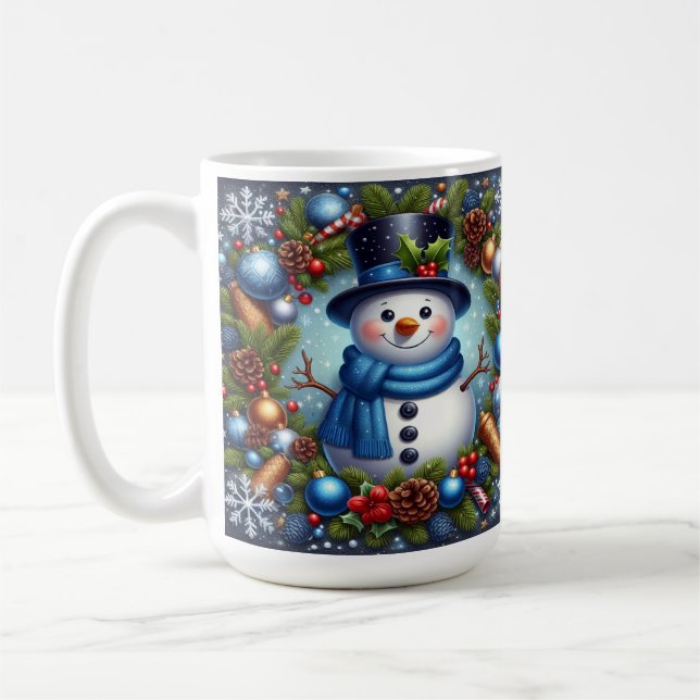 Caneca De Café Boneco de Neve Com Enfeites de Natal e Pinhas (Esquerda)