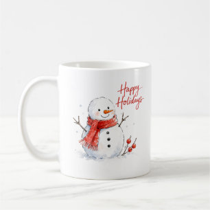Caneca De Café Boneco de Neve em Aquarela com Cachecol Vermelho