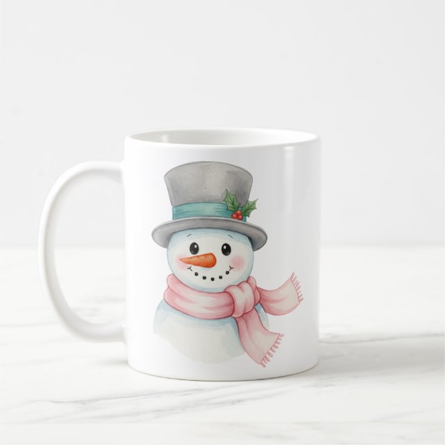 Caneca De Café Boneco de Neve em Aquarela Fofa com Cachecol Rosa  (Esquerda)