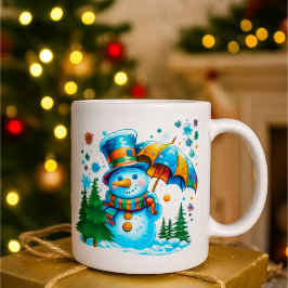 Caneca De Café Boneco de Neve em Aquarela Fofo_Design Festivo de