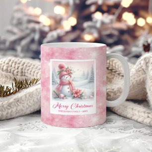 Caneca De Café Boneco de Neve Rosa Elegante Cena de Floresta de I