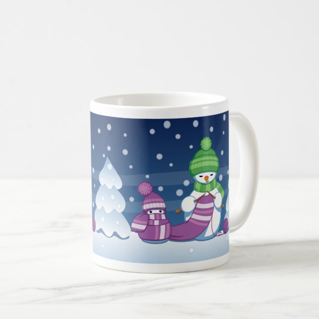 Caneca De Café Boneco de Neve Tricotando Cachecol de Natal (Frente Esquerda)
