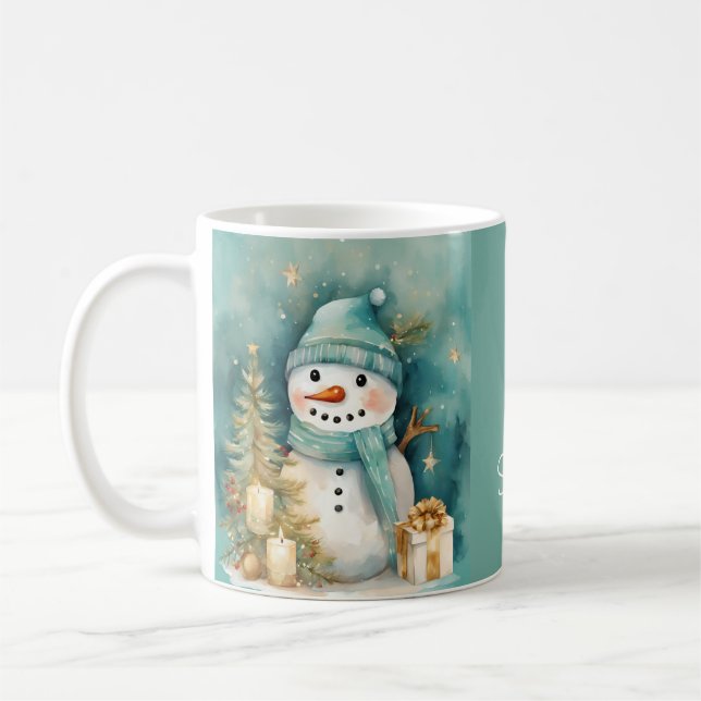 Caneca De Café Boneco de Neve Turquesa e Dourado com Árvore de Na (Esquerda)