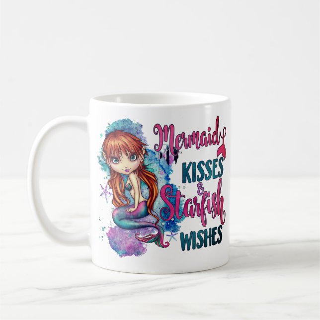 Caneca De Café Bonita Girly Watercolor Moderna Sereia Kisses (Esquerda)