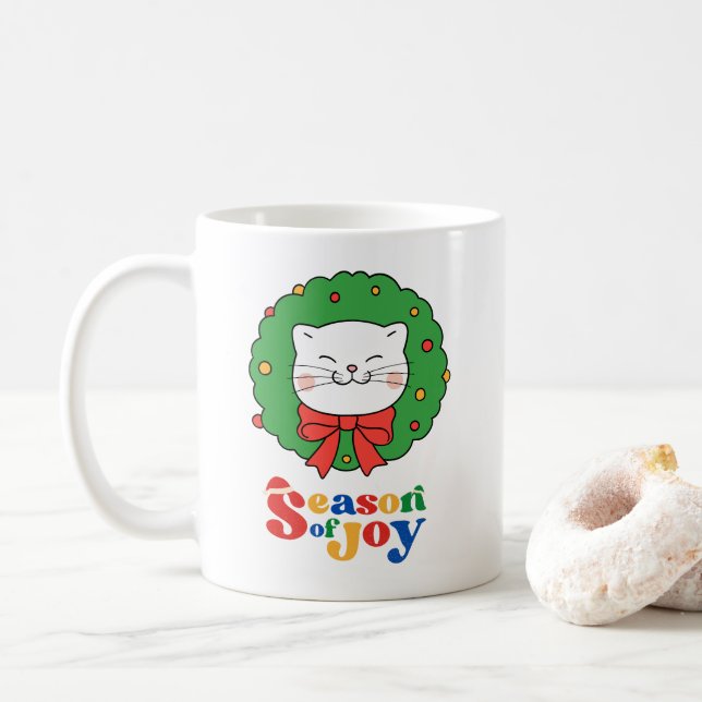 Caneca De Café Bonita Kawaii Cat Wreath Season of Joy (Com Donut)