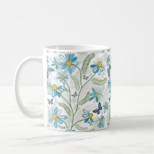 Caneca De Café Bonita Mão Desenhada Pasta Azul Padrão Floral