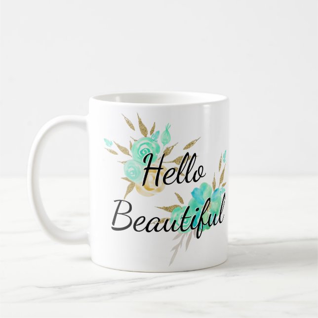 Caneca De Café Bonita Menina Olá Linda Floral Dourada e Azul (Esquerda)