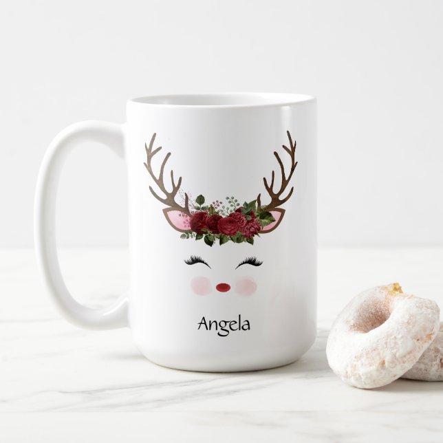 Caneca De Café Bonita Reindeer Red Floral de Natal (Com Donut)
