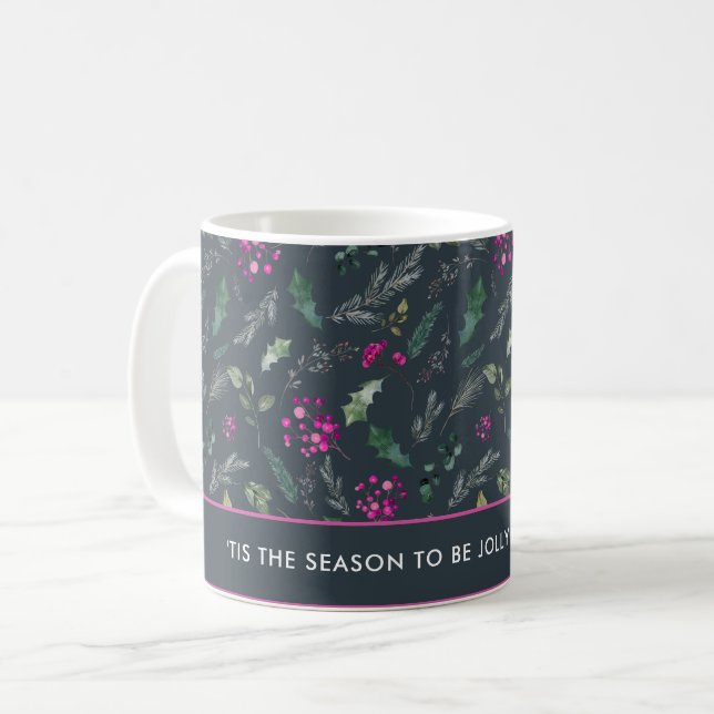 Caneca De Café Bonita, rosa, Holly Christmas Mug (Frente Esquerda)