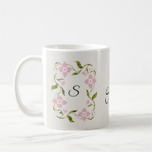 Caneca De Café Bonitas Flores Rosa Femininas Qualquer Letra Inici