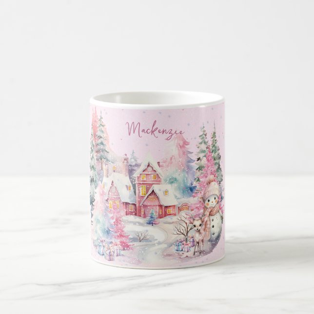 Caneca De Café Bonito Boneco de Neve Rosa Natal Personalizado (Centro)