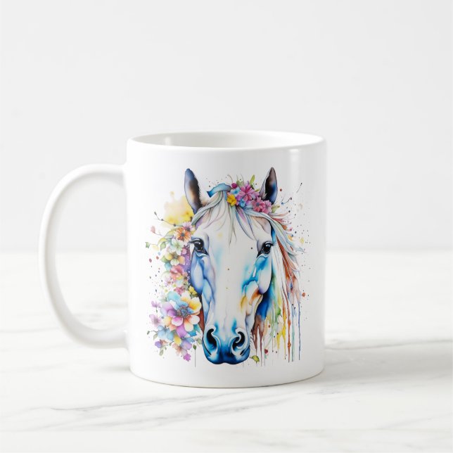 Caneca De Café Bonito Cavalo Branco Floral Personalizado (Esquerda)