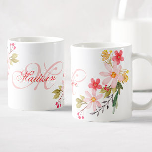 Caneca De Café Bonito Cor-de-Água Floral, Cor-de-Água, Monograma 