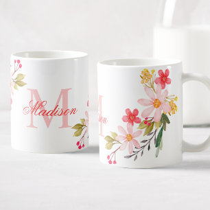 Caneca De Café Bonito Cor de Água Floral Personalizado Nome do Mo