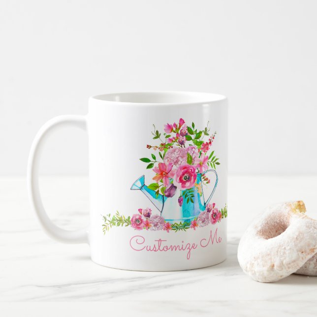 Caneca De Café Bonito Cor Floral Rosa Personalizável (Com Donut)