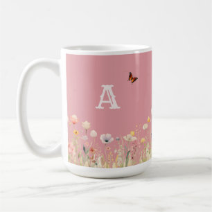 Caneca De Café Bonito Cores Aquarelas Flores e Monograma