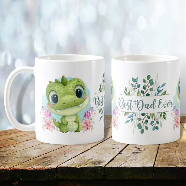 Caneca De Café Bonito Dinossauro Verde Floral Melhor Pai Nunca (Criador carregado)