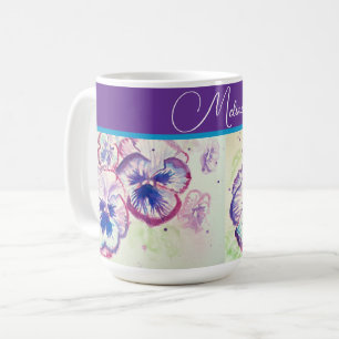 Caneca De Café Bonito Floral Pastel Pensée Roxo Aquarela 