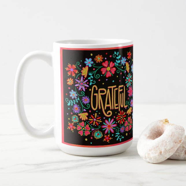 Caneca De Café Bonito Floral Preto Inspirado Grateful (Com Donut)